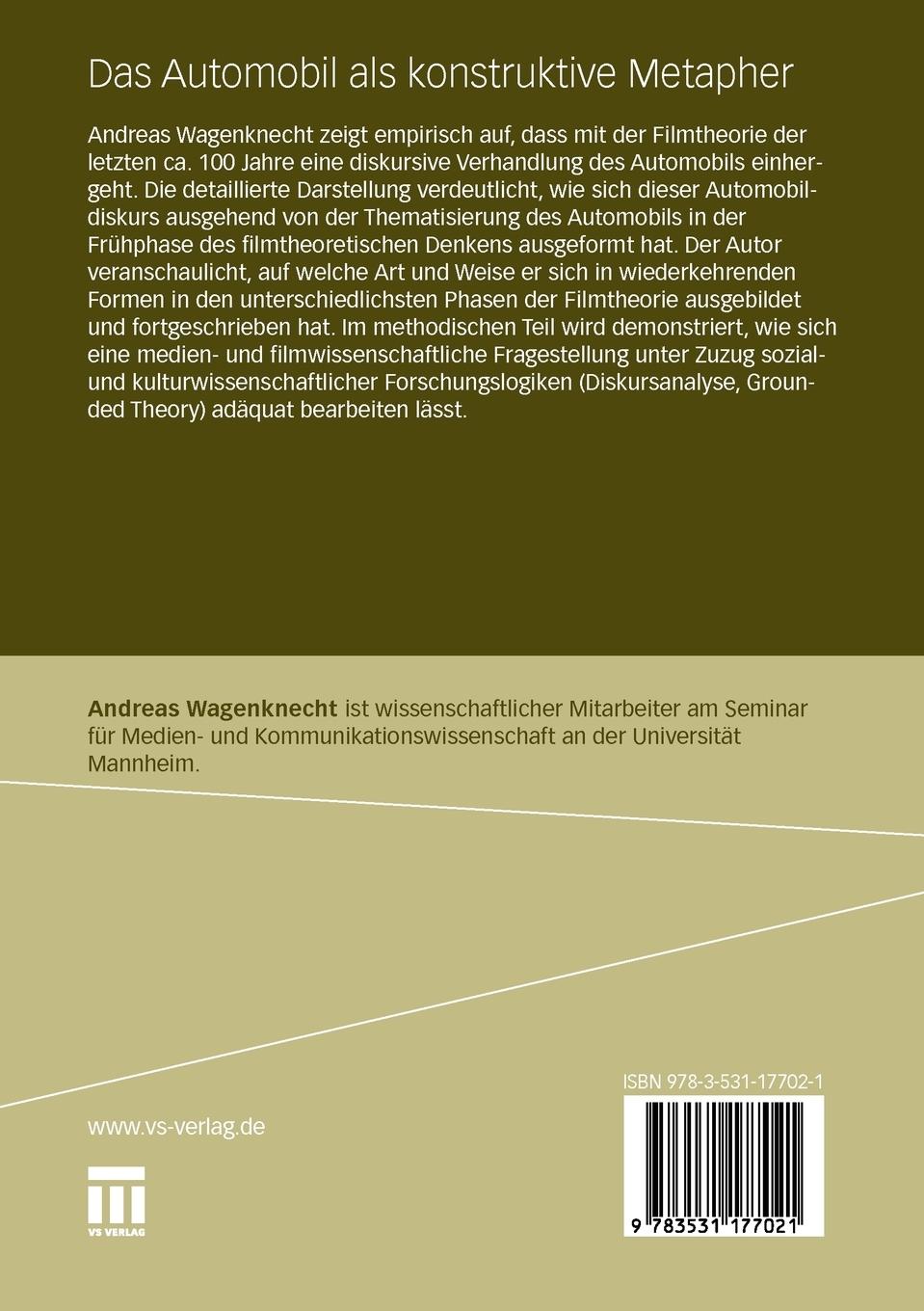Rückseitencover Das Automobil als konstruktive Metapher