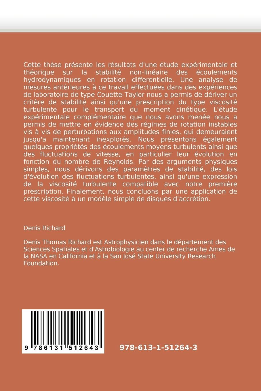 Rückseitencover Instabilité hydrodynamique des écoulements en rotation différentielle