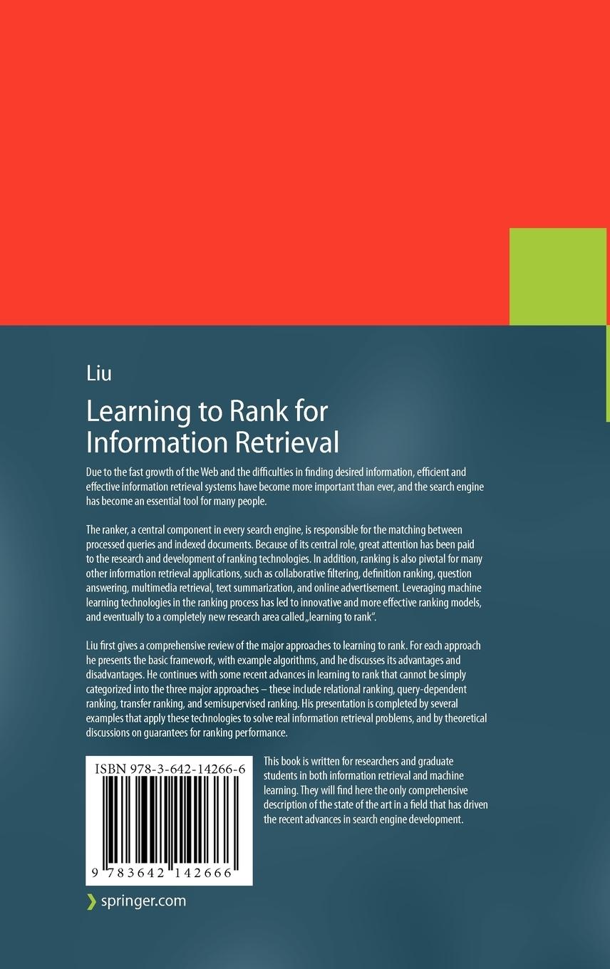 Rückseitencover Learning to Rank for Information Retrieval