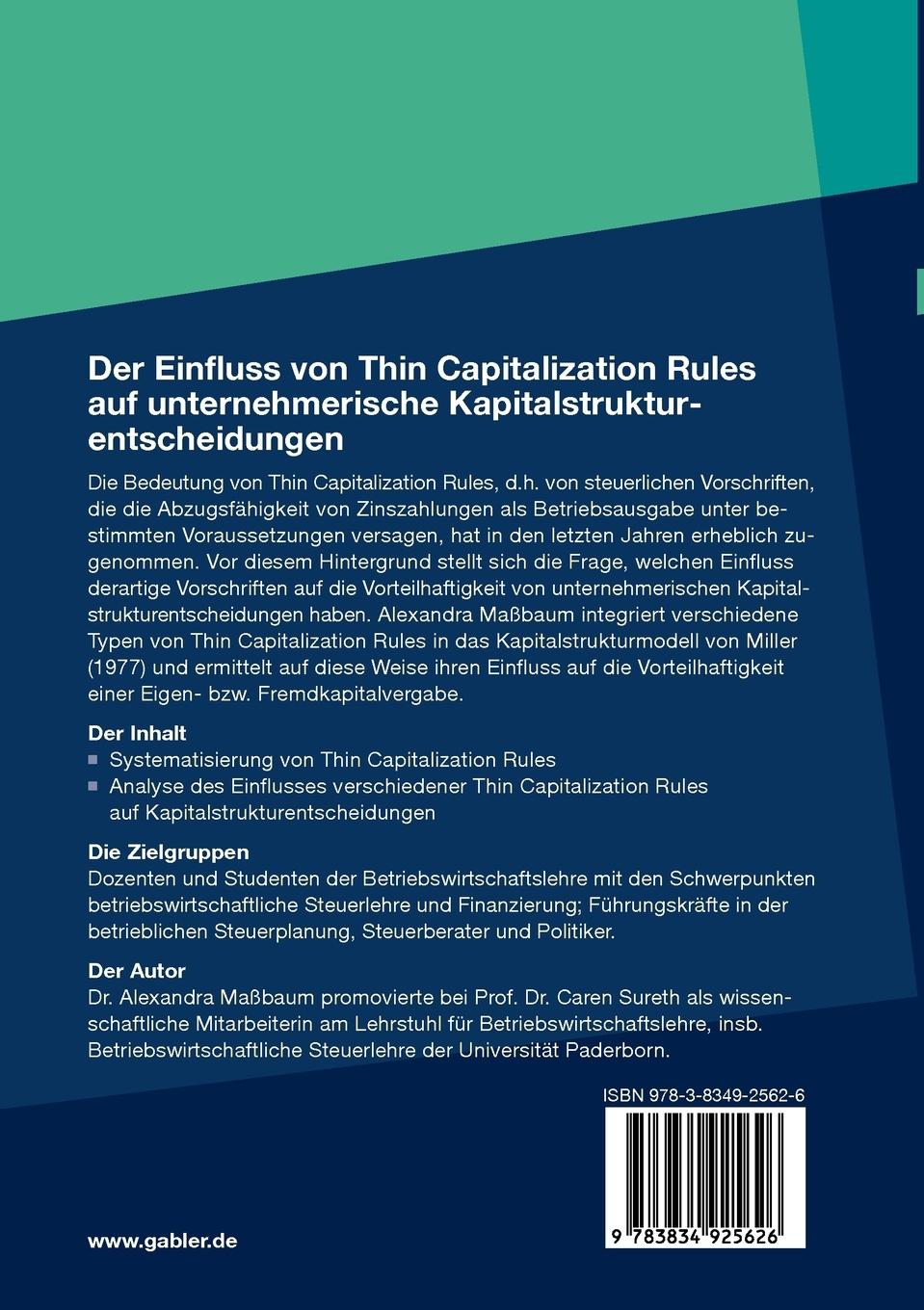 Rückseitencover Der Einfluss von Thin Capitalization Rules auf unternehmerische Kapitalstrukturentscheidungen