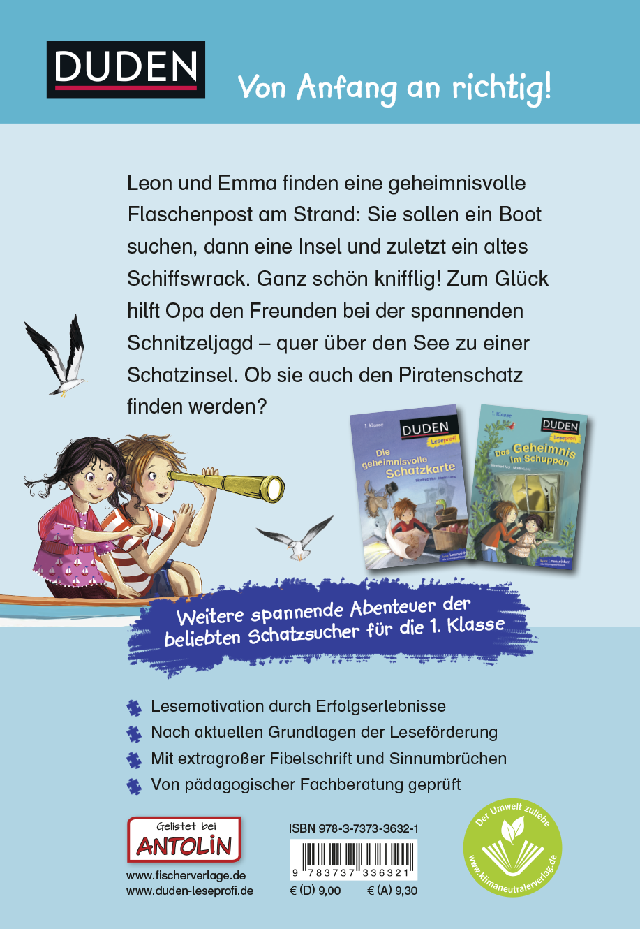 Rückseitencover Duden Leseprofi – Die abenteuerliche Schatzsuche, 1. Klasse