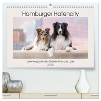 Vorderes Coverbild Hamburger Hafencity - Unterwegs mit den Shelties Finn und Louis (hochwertiger Premium Wandkalender 2025 DIN A2 quer), Kunstdruck in Hochglanz