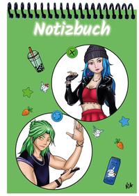 Vorderes Coverbild A 5 Notizblock Manga Quinn und Enora, grün, liniert
