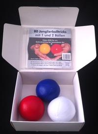 Vorderes Coverbild Video-DVD " 80 Jonglierballtricks mit 1 und 2 Bällen" & 3 Jonglierbälle