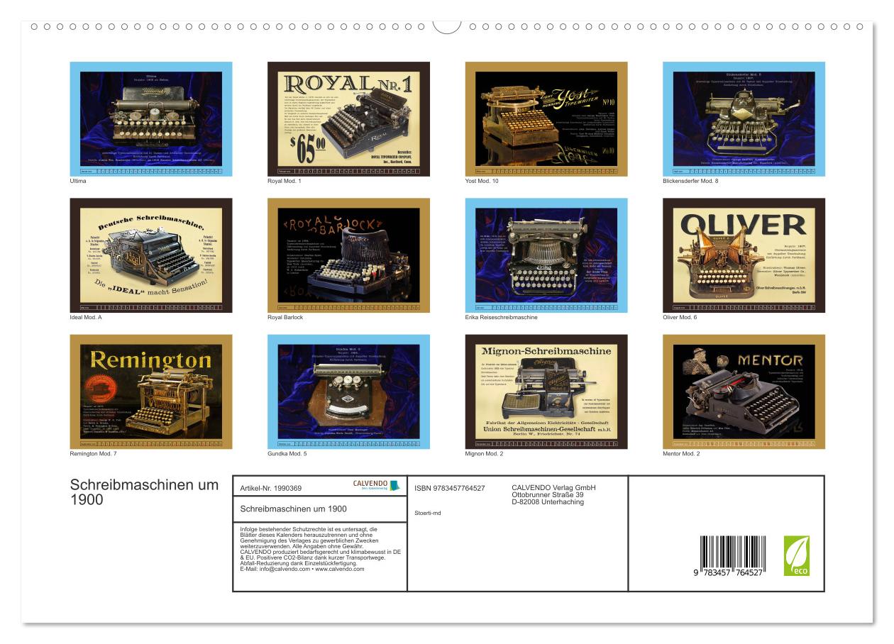 Beispielinhalt (Bild) Schreibmaschinen um 1900 (hochwertiger Premium Wandkalender 2026 DIN A2 quer), Kunstdruck in Hochglanz