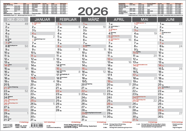 Beispielinhalt (Bild) Tafelkalender A4 "Stabil" 2026