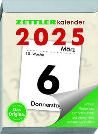 Vorderes Coverbild Zettler - Tagesabreißkalender 2025 XL, 8,2x10,7cm, Abreißkalender mit Sudokus, Rezepten und Rätseln, Sonnen- und Mondzeiten, Namenstage, mit Aufhängung und deutsches Kalendarium