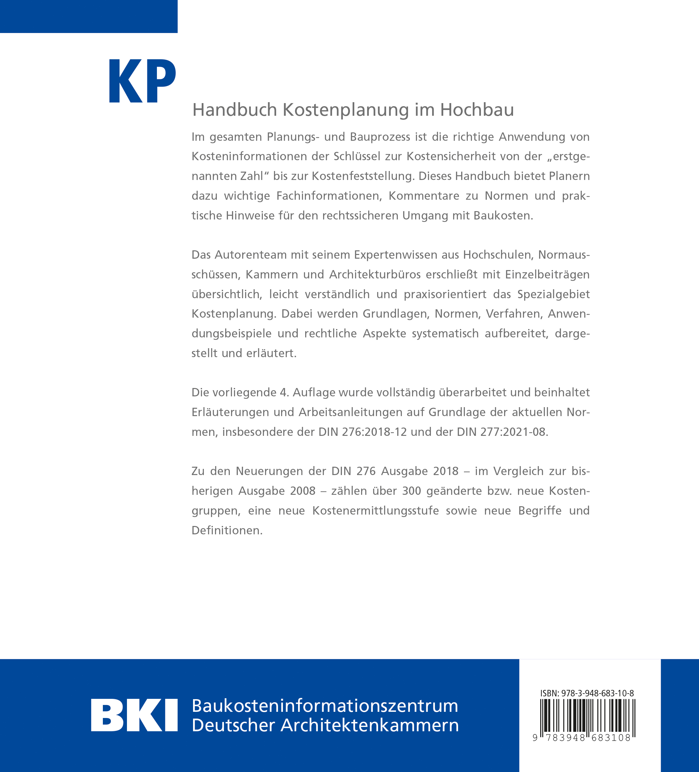 Rückseitencover BKI Handbuch Kostenplanung im Hochbau