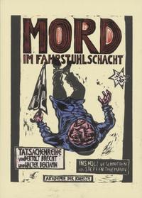 Vorderes Coverbild Mord im Fahrstuhlschacht. Tatsachenreihe von Bertolt Brecht und Walter Benjamin. Comic von Steffen Thiemann (Holzschnitt)
