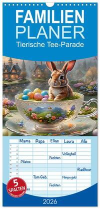 Vorderes Coverbild Familienplaner 2026 - Tierische Tee-Parade mit 5 Spalten (Wandkalender, 21 x 45 cm) CALVENDO
