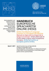 Vorderes Coverbild Handbuch Europäische Sprachkritik Online (HESO) / Sprachnormierung und Sprachkritik