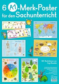 Vorderes Coverbild 6 A1-Merk-Poster für den Sachunterricht – Jahreskreis, Körper, Waldtiere, Epochen, Kontinente, vom Korn zum Brot