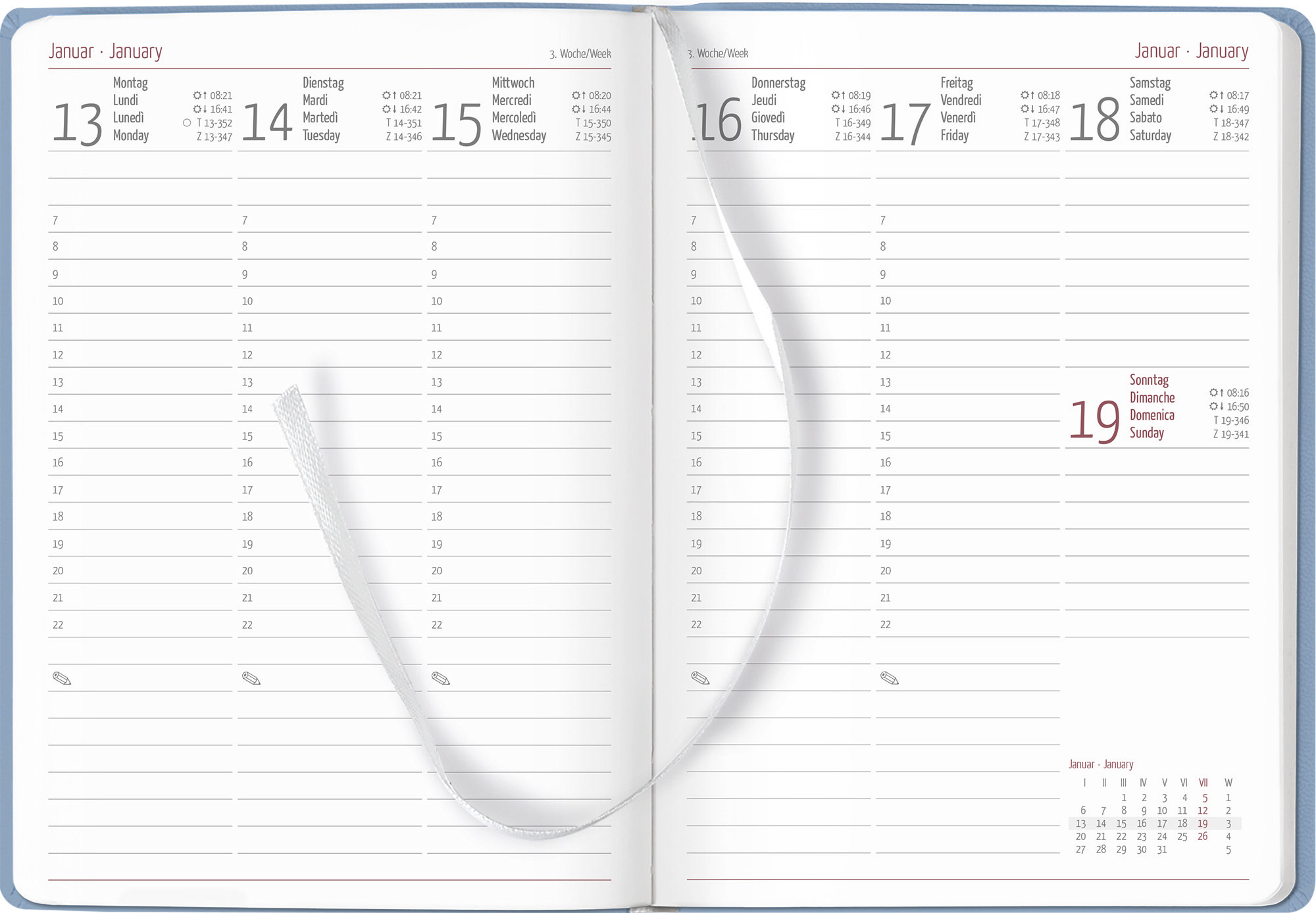 Beispielinhalt (Bild) Alpha Edition - Ladytimer Grande Deluxe 2025 Sky, 15x21cm, Taschenkalender mit 128 Seiten im Tucson Einband, 1 Woche auf 2 Seiten, Monatsübersicht, Kalenderwochen und internationales Kalendarium