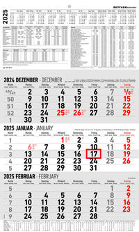 Vorderes Coverbild Zettler - 3-Monatskalender 2025, 30x48,8cm, Bürokalender mit Jahresübersicht, Datumsschieber, faltbar, 3 Monate auf einen Blick, Feiertage/Ferientermine DE/AT/CH und internationales Kalendarium
