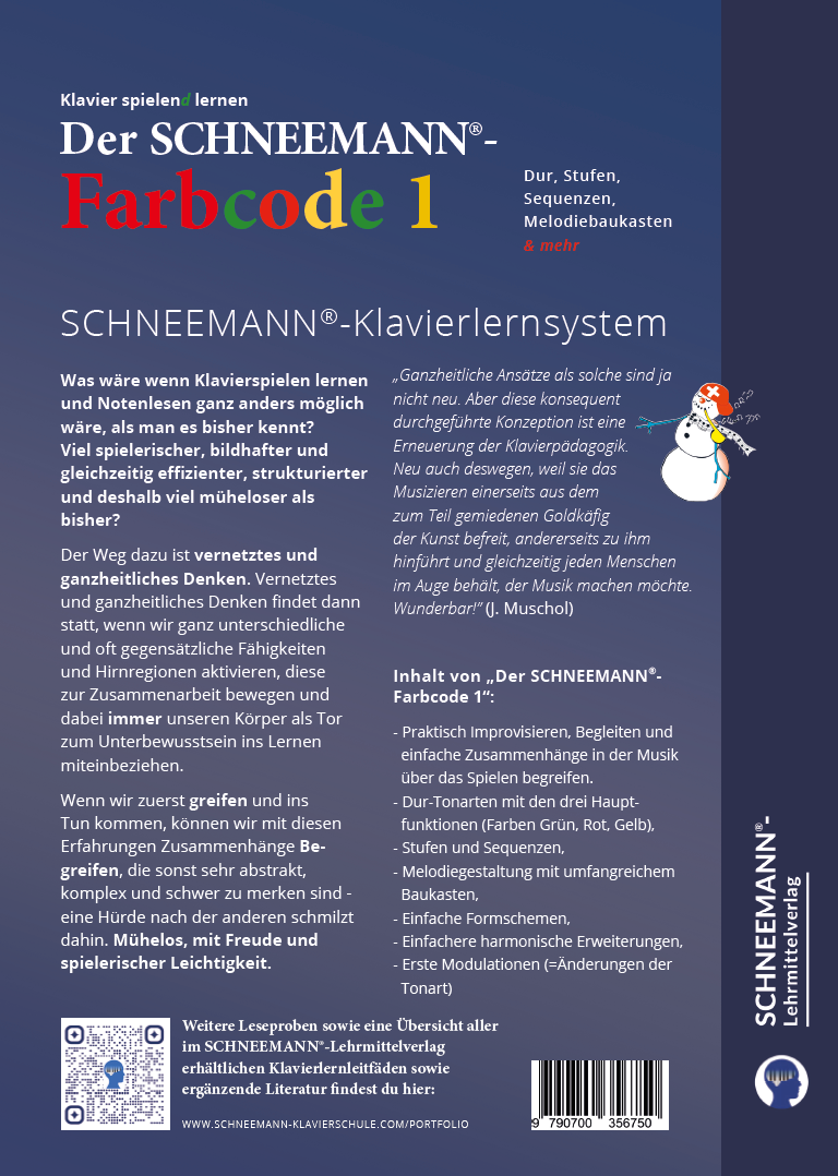 Rückseitencover Der SCHNEEMANN®-Farbcode 1 | Das SCHNEEMANN®-Klavierlernsystem