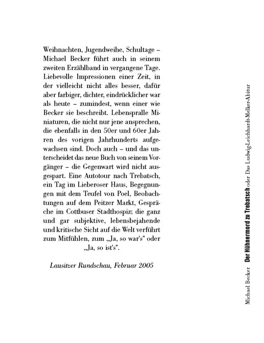 Rückseitencover Der Hühnermord zu Trebatsch oder Das Ludwig-Leichhardt-Melker-Abitur