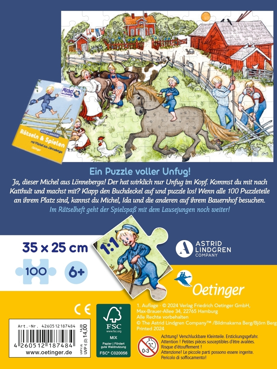Rückseitencover Michel aus Lönneberga. Puzzle im Buch. 100 Teile