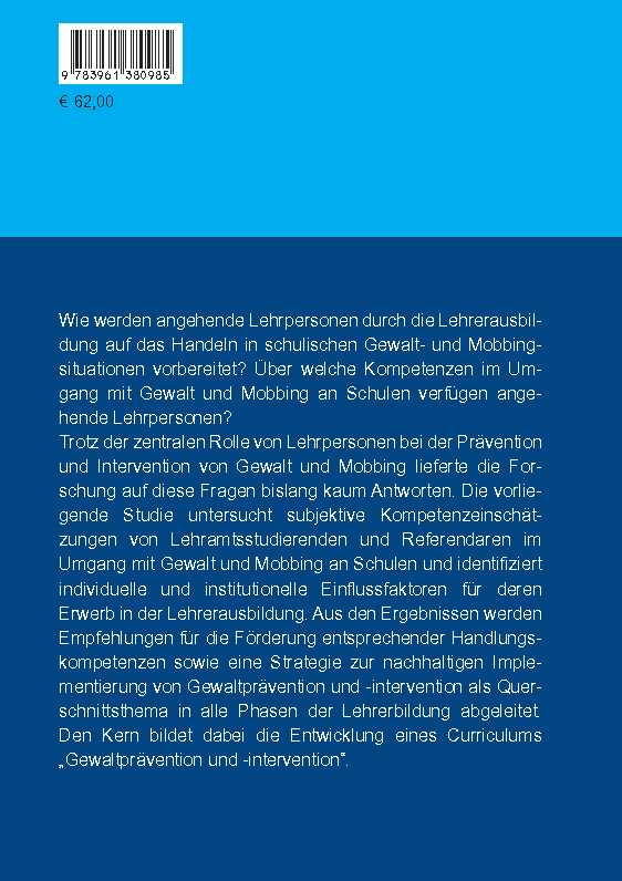 Rückseitencover Gewalt und Mobbing an Schulen als Thema in der Lehrerausbildung