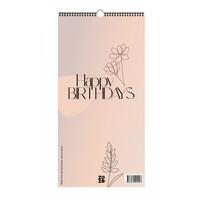 Vorderes Coverbild Immerwährender Geburtstagskalender "Happy Birthdays" ohne Jahreszahl. Florale Lineart in Bohofarben.