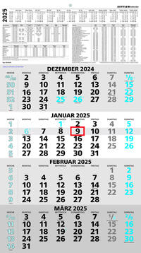 Vorderes Coverbild Zettler - 4-Monatskalender 2025 blau, 33x45cm, Bürokalender mit Jahresübersicht, Datumsschieber, faltbar, 4 Monate auf einen Blick, Feiertage DE /Ferientermine DE/AT/CH und deutsches Kalendarium