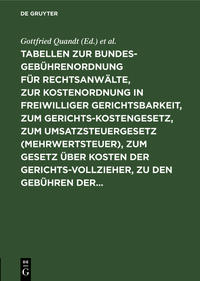 Vorderes Coverbild Tabellen zur Bundesgebührenordnung für Rechtsanwälte, zur Kostenordnung in freiwilliger Gerichtsbarkeit, zum Gerichtskostengesetz, zum Umsatzsteuergesetz (Mehrwertsteuer), zum Gesetz über Kosten der Gerichtsvollzieher, zu den Gebühren der...