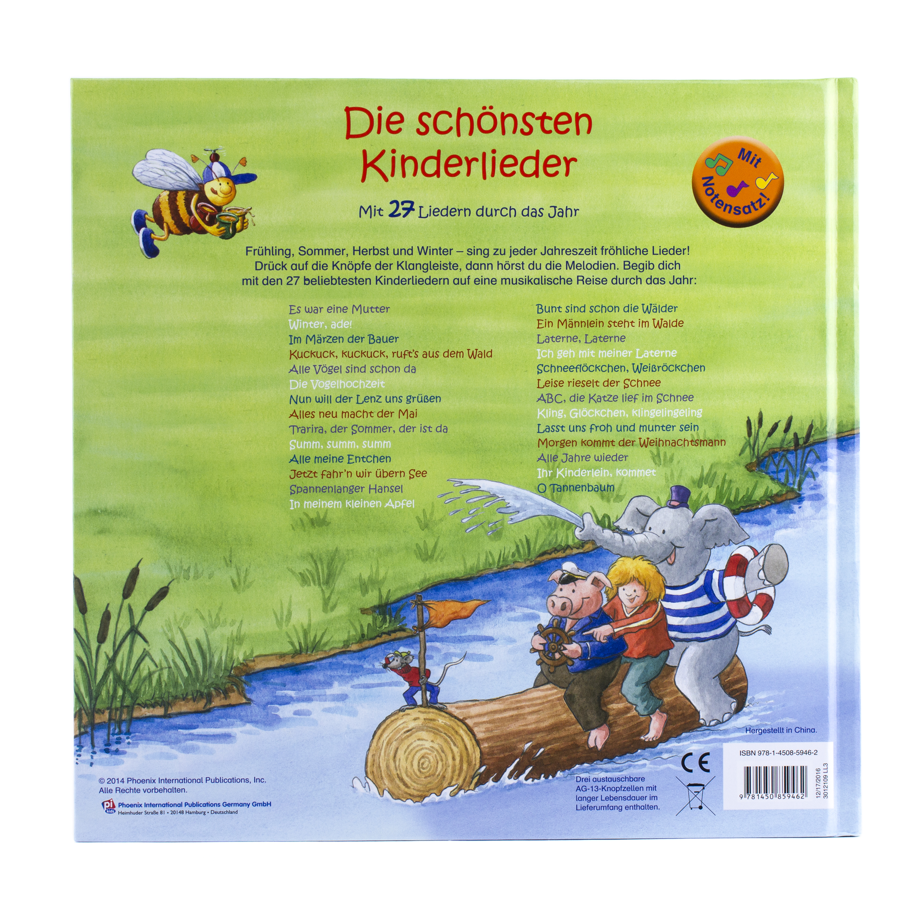 Rückseitencover 27-Button-Soundbuch, Die Schönsten Kinderlieder, Mit 27 Liedern durch das Jahr