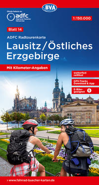 Vorderes Coverbild ADFC-Radtourenkarte 14 Lausitz /Östliches Erzgebirge 1:150.000, reiß- und wetterfest, E-Bike geeignet, GPS-Tracks Download, mit Bett+Bike Symbolen, mit Kilometer-Angaben