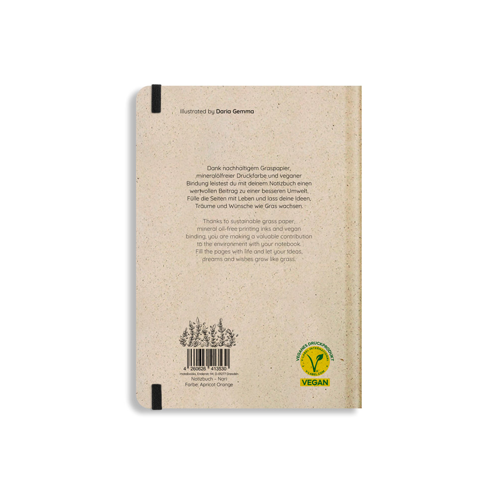 Rückseitencover matabooks – Nachhaltiges A5 Notizbuch/Tagebuch/Bullet Journal/Schreibheft/Notebook aus Süßgraspapier – Nari Farbe: Apricot Orange (punktiert)