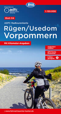 Vorderes Coverbild ADFC-Radtourenkarte 4 Rügen/Usedom Vorpommern 1:150.000, reiß- und wetterfest, E-Bike geeignet, GPS-Tracks Download, mit Kilometer-Angaben