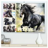Vorderes Coverbild Pferde. Romantische Aquarelle von schwarzen Schönheiten (hochwertiger Premium Wandkalender 2025 DIN A2 quer), Kunstdruck in Hochglanz