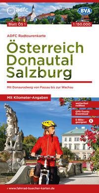 Vorderes Coverbild ADFC-Radtourenkarte ÖS1 Österreich Donautal Salzburg 1:150:000, reiß- und wetterfest, E-Bike geeignet, GPS-Tracks Download, mit Bett+Bike Symbolen, mit Kilometer-Angaben