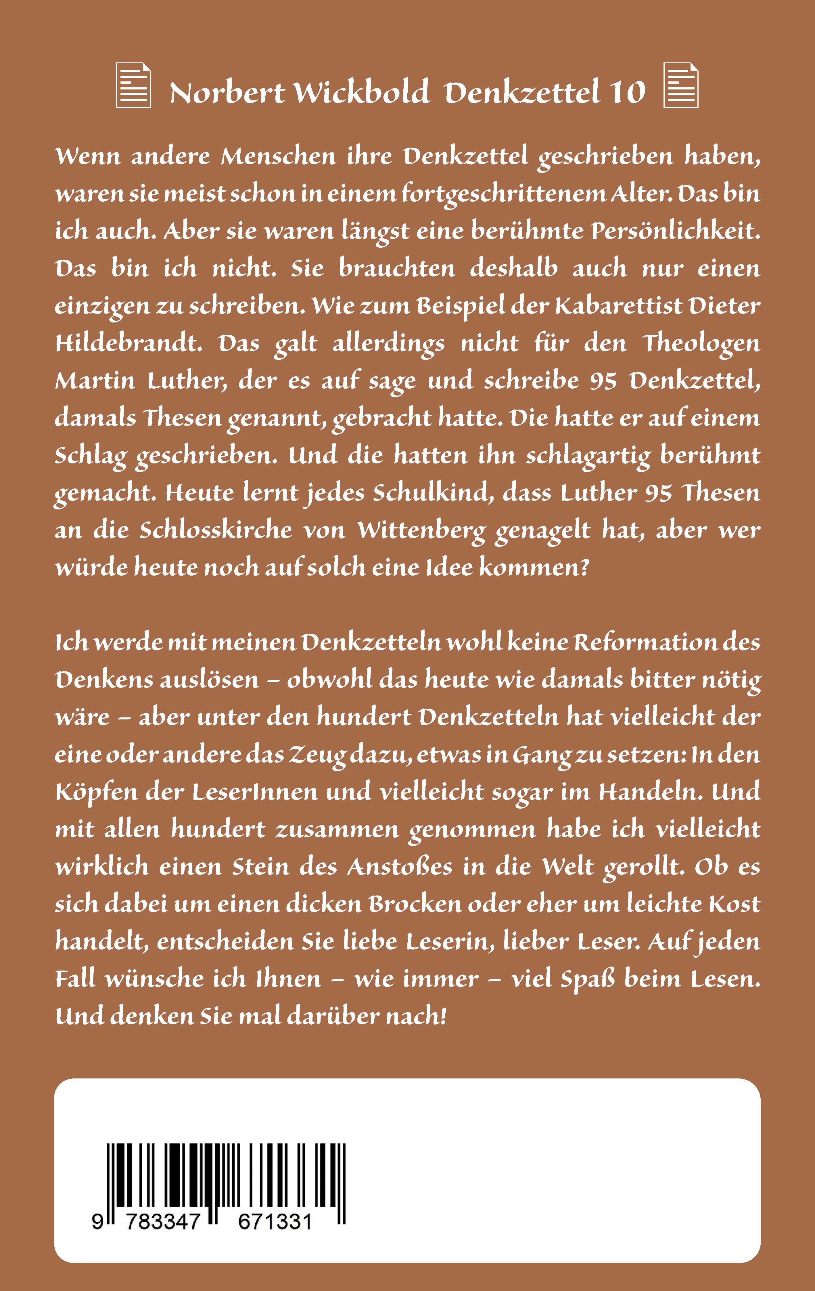 Rückseitencover Norbert Wickbold Denkzettel 10