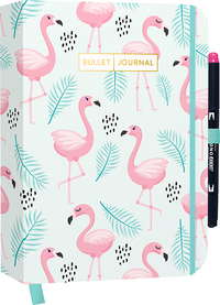 Vorderes Coverbild Bullet Journal "Flamingo" mit original Tombow MONO edge Dual-Tip Highlighter pink