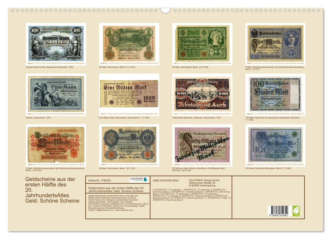 Beispielinhalt (Bild) Geldscheine aus der ersten Hälfte des 20. JahrhundertsAltes Geld: Schöne Scheine (Wandkalender 2025 DIN A2 quer), CALVENDO Monatskalender
