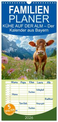 Vorderes Coverbild Familienplaner 2026 - KÜHE AUF DER ALM – Der Kalender aus Bayern mit 5 Spalten (Wandkalender, 21 x 45 cm) CALVENDO