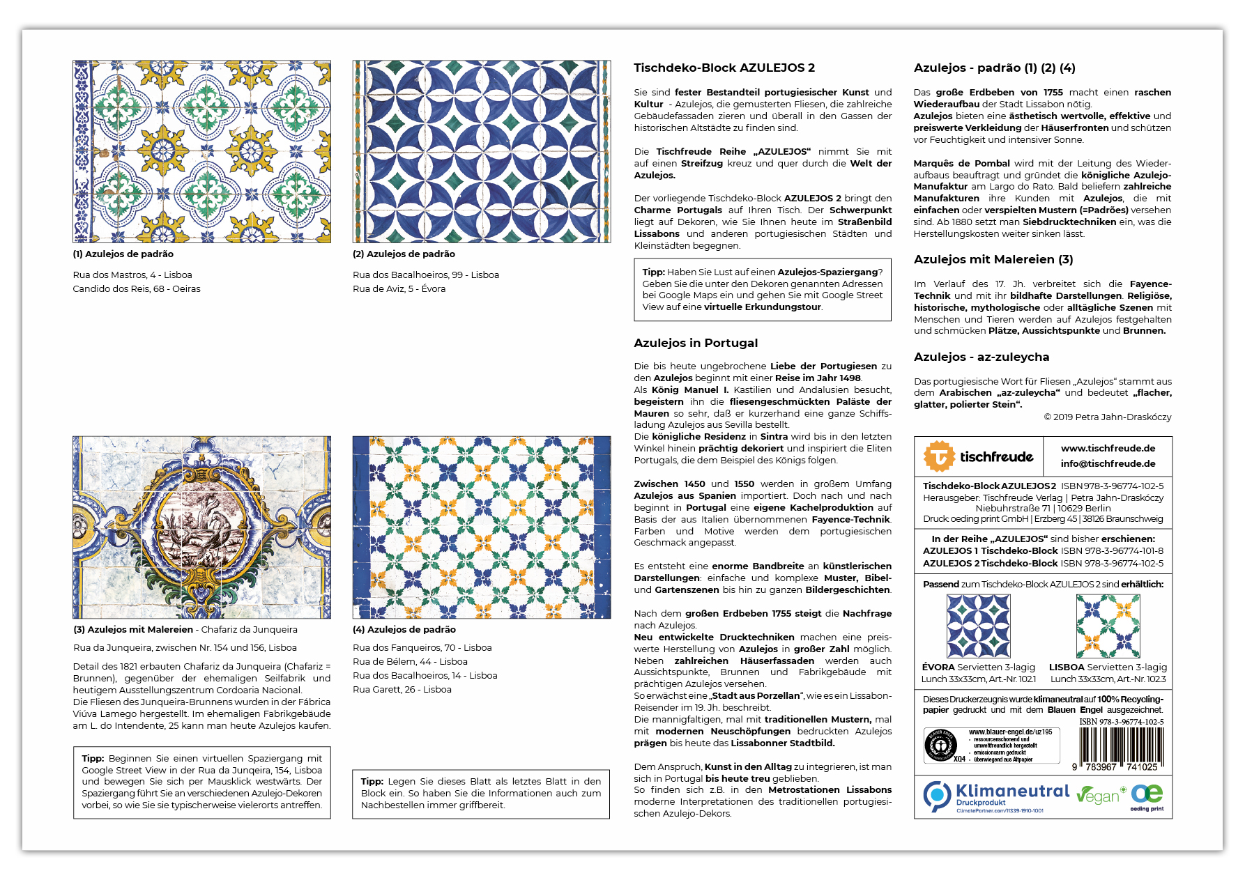 Rückseitencover AZULEJOS 2, Tischdeko-Block, 4 x 12 Blatt