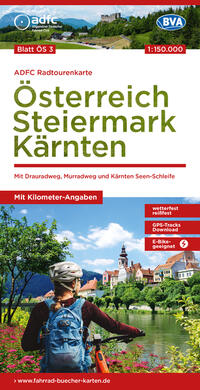 Vorderes Coverbild ADFC-Radtourenkarte ÖS3 Österreich Steiermark Kärnten 1:150:000, reiß- und wetterfest, E-Bike geeignet, GPS-Tracks Download, mit Bett+Bike Symbolen, mit Kilometer-Angaben