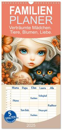Vorderes Coverbild Familienplaner 2025 - Verträumte Mädchen. Tiere, Blumen, Liebe. mit 5 Spalten (Wandkalender, 21 x 45 cm) CALVENDO