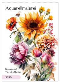 Vorderes Coverbild Aquarellmalerei - Blumen und Tiere im Garten (Wandkalender 2025 DIN A2 hoch), CALVENDO Monatskalender