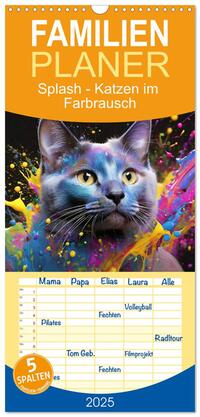 Vorderes Coverbild Familienplaner 2025 - Splash - Katzen im Farbrausch mit 5 Spalten (Wandkalender, 21 x 45 cm) CALVENDO