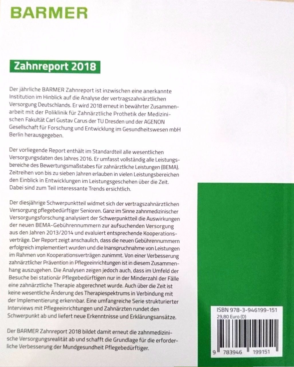 Rückseitencover BARMER Zahnreport 2018