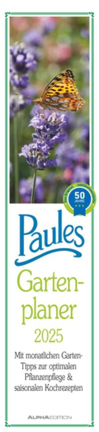 Vorderes Coverbild Alpha Edition - Paules Gartenplaner 2025, 11,3x49,5cm, Streifenkalender mit einer Spalte für Termine, viele Tipps und Informationen rund um den Garten und deutsches Kalendarium