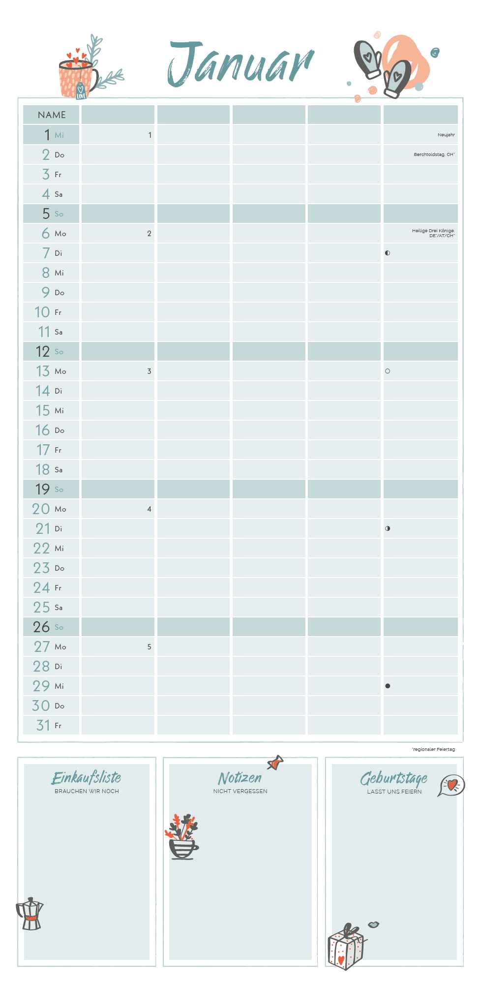 Beispielinhalt (Bild) Alpha Edition - Little Lovely Planner 2025 Familienplaner, 22x45cm, Kalender mit 5 Spalten für Termine, viel Platz für Notizmöglichkeiten, Mondphasen, Ferientermine DE/AT/CH und deutsches Kalendarium
