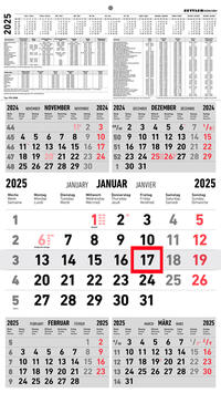 Vorderes Coverbild Zettler - 5-Monatskalender 2025 rot, 33x45cm, Bürokalender mit Jahresübersicht, Datumsschieber, faltbar, 5 Monate auf einen Blick, Ferientermine DE/AT/CH und internationales Kalendarium