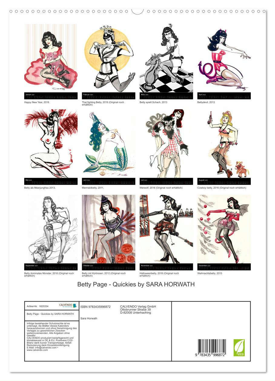 Beispielinhalt (Bild) Betty Page - Quickies by SARA HORWATH (hochwertiger Premium Wandkalender 2025 DIN A2 hoch), Kunstdruck in Hochglanz