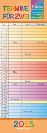 Vorderes Coverbild Alpha Edition - Regenbogen 2025 Familienplaner für 2, 15x42,cm, Familienkalender mit 3 Spalten für Termine und Notizmöglichkeiten, Mondphasen und Ferientermine DE/AT/CH