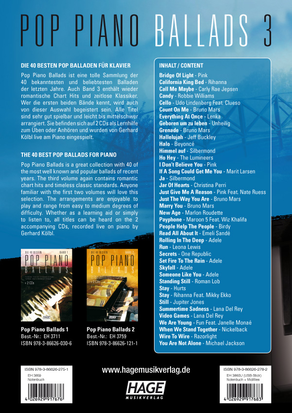 Rückseitencover Pop Piano Ballads 3 mit 2 Playback-CDs