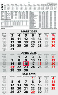 Vorderes Coverbild Zettler - 3-Monatskalender 2025 schwarz/rot, 29,7x48,8cm, Bürokalender mit Jahresübersicht, Datumsschieber, faltbar, 3 Monate auf einen Blick, Feiertage/Ferientermine DE/AT/CH und Kalendarium DE