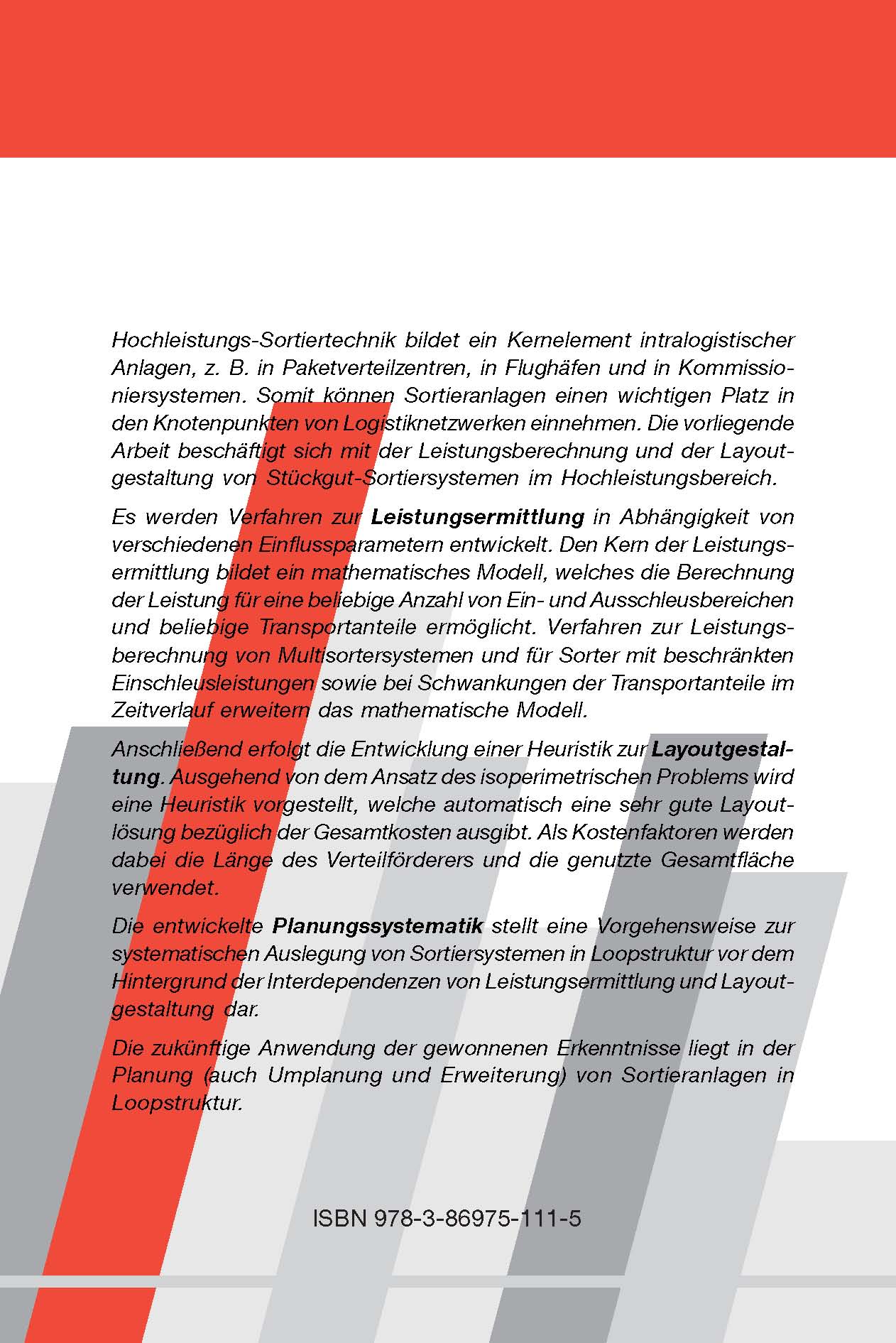 Rückseitencover Leistungsermittlung und Layoutgestaltung von Stückgut-Sortiersystemen