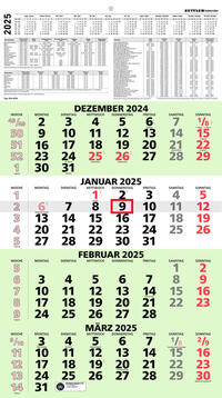 Vorderes Coverbild Zettler - 4-Monatskalender Recycling 2025, 33x58,8cm, Bürokalender mit Jahresübersicht, Blauer Engel, Datumsschieber, faltbar, 4 Monate auf einen Blick, Feiertage DE und deutsches Kalendarium